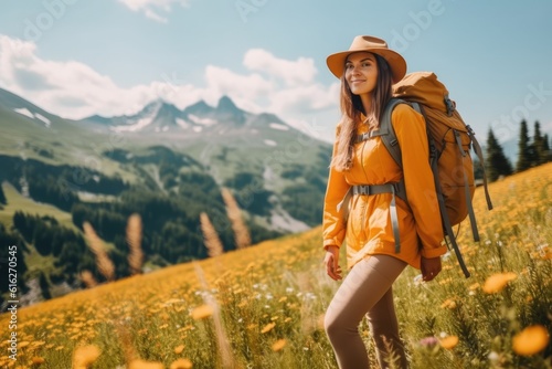 portrait of woman with backpack enjoying hiking. AI Generative