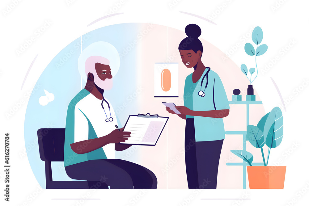 Flat vector illustration consulting medical and checklist with old man and nurse for retirement rehabilitation or physical therapy help empathy and healing w patient and black woman in nursing home f Flat vector illustration consulting medical and checklist with old man and nurse for retirement rehabilitation or physical therapy help empathy and healing w patient and black woman in nursing home f