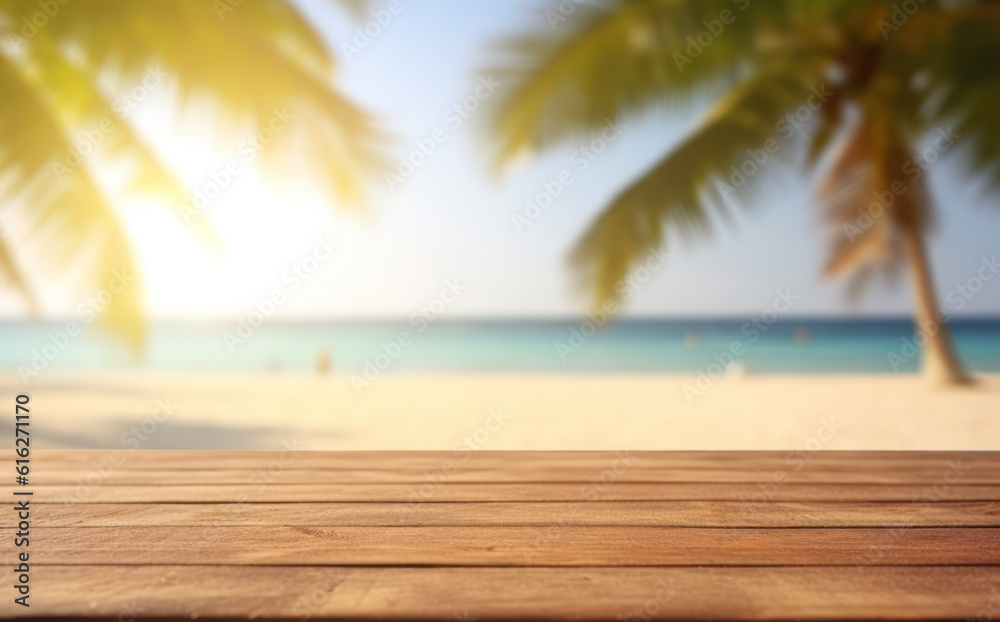 Empty wooden table on blurred tropical beach background Empty wooden table on blurred tropical beach background