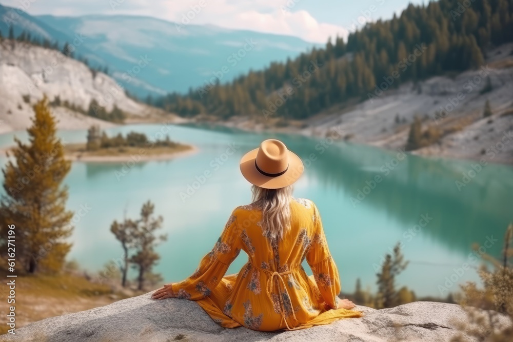Backpacker woman with backpack enjoying the turquoise mountain lake. AI Generative