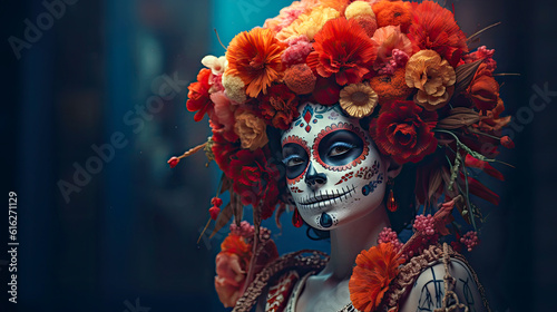 Day of the dead, Dia de los Muertos and halloween skull mask concept, generative ai
