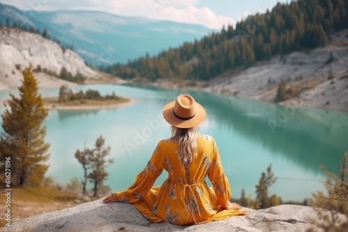 Backpacker woman with backpack enjoying the turquoise mountain lake. AI Generative © dark_blade
