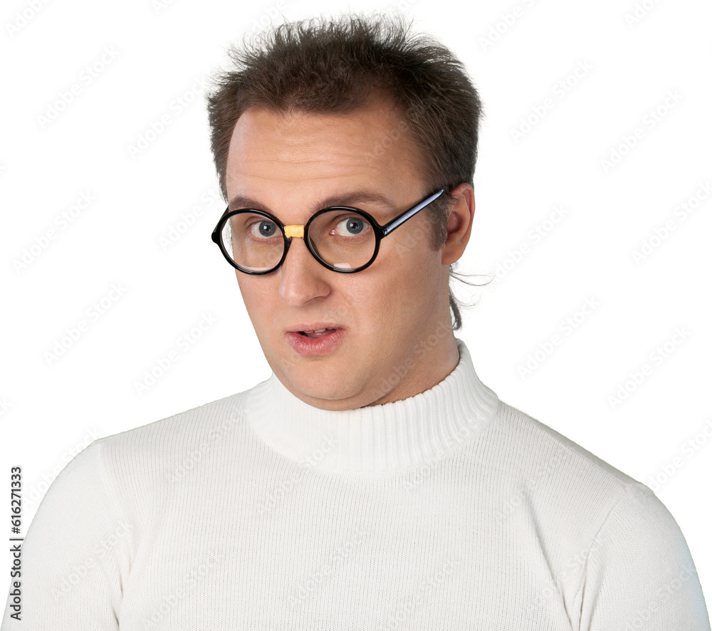 Portrait of young businessman with glasses in white sweater with hairstyle isolated on white background