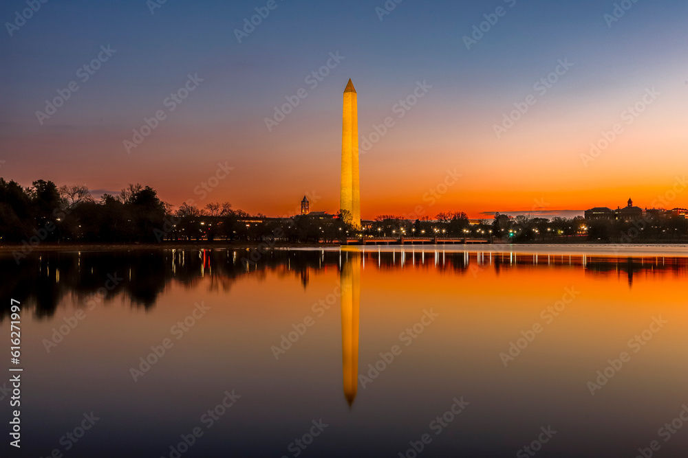 Panoramic sunrise at Washington Monument, Washington DC, USA