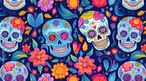 Background with colored skulls for the day of the dead, generative ai 