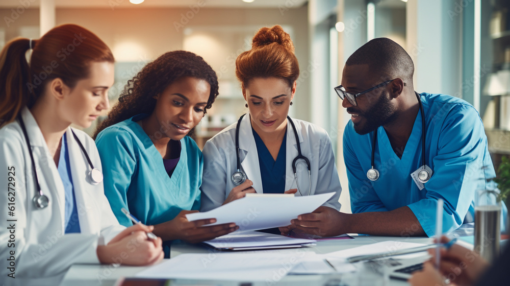 A group of healthcare workers collaborating and discussing patient care, highlighting the importance of teamwork in the medical field Generative AI A group of healthcare workers collaborating and discussing patient care, highlighting the importance of teamwork in the medical field Generative AI