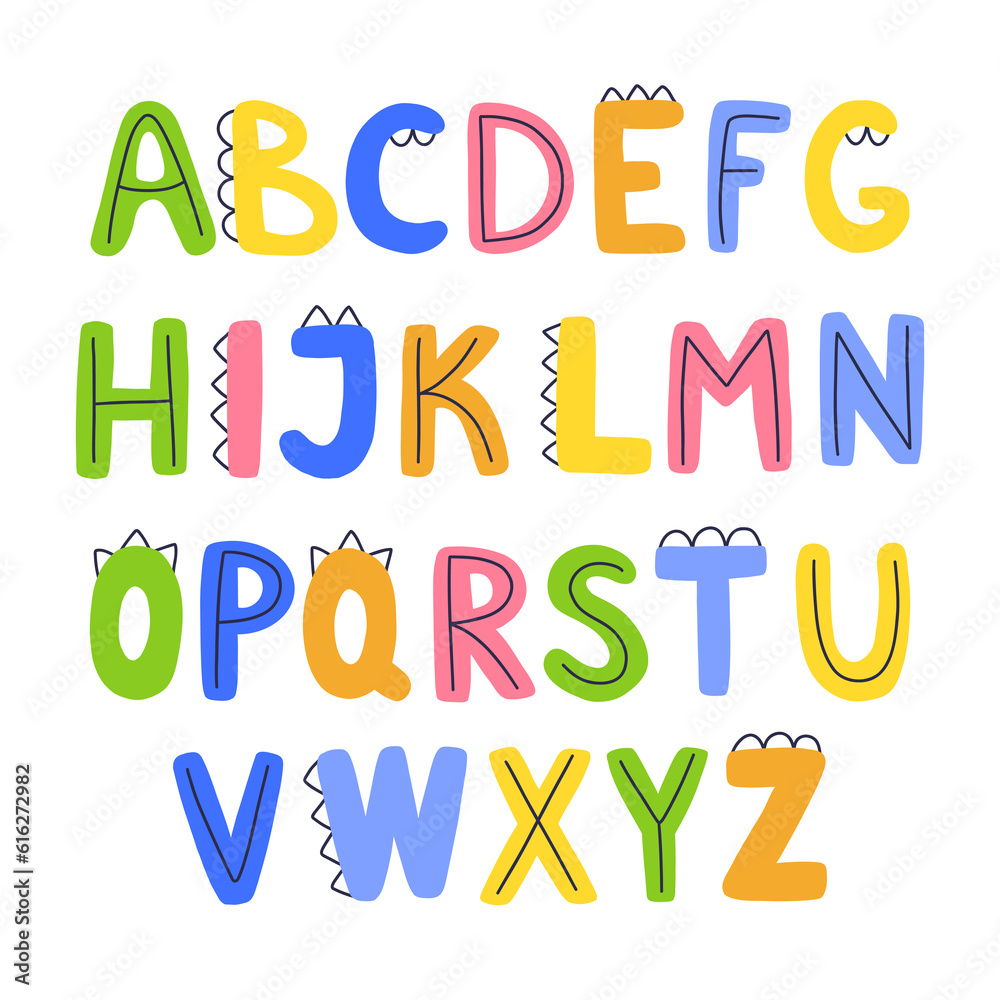 Fototapeta premium Cute children's English alphabet design. Funny colorful dino letters. Abc collection.