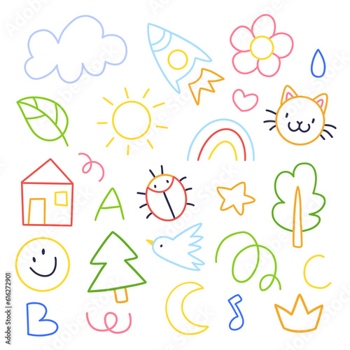 Set of children's doodles. Collection of children's scribble. © Ekaterina Chemakina
