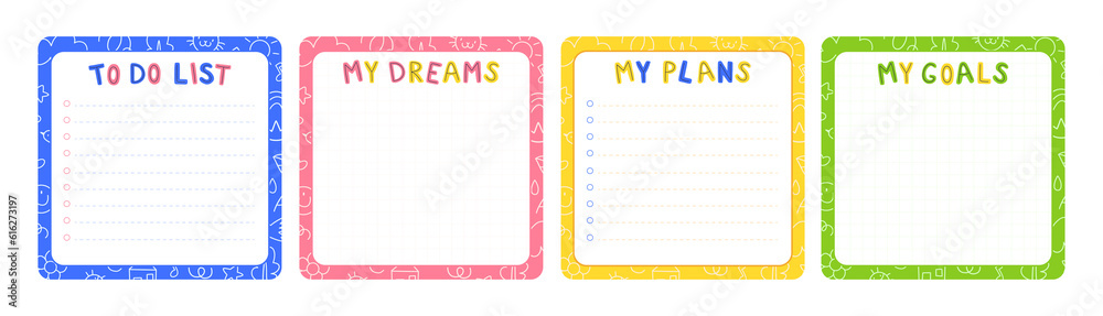 Paper children's notebook design. Ready-made design of multi-colored notebook pages template. Paper children's notebook design. Ready-made design of multi-colored notebook pages template.