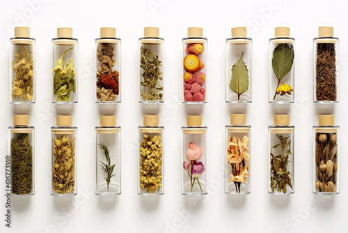 Different herbal tinctures in glass jars on a white background. Alternative medicine