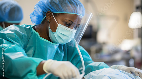 A nurse in full personal protective equipment (PPE) caring for a patient, exemplifying their commitment to safety and well-being Generative AI