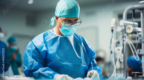 A physician in an operating room, wearing a surgical mask and holding surgical instruments, ready to perform a life-saving procedure Generative AI photo