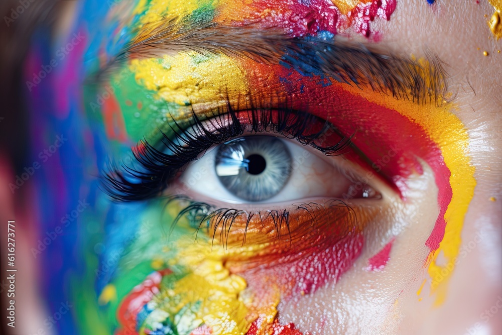 close up macro of a person with face painted with colorful rainbow colors.