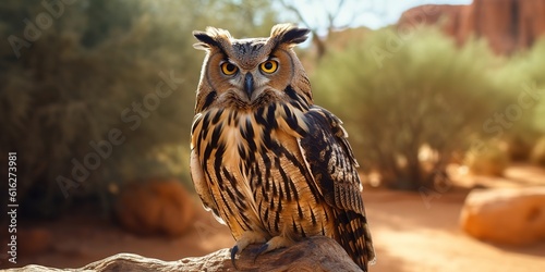 Eagle owl perched in front of a beautiful background