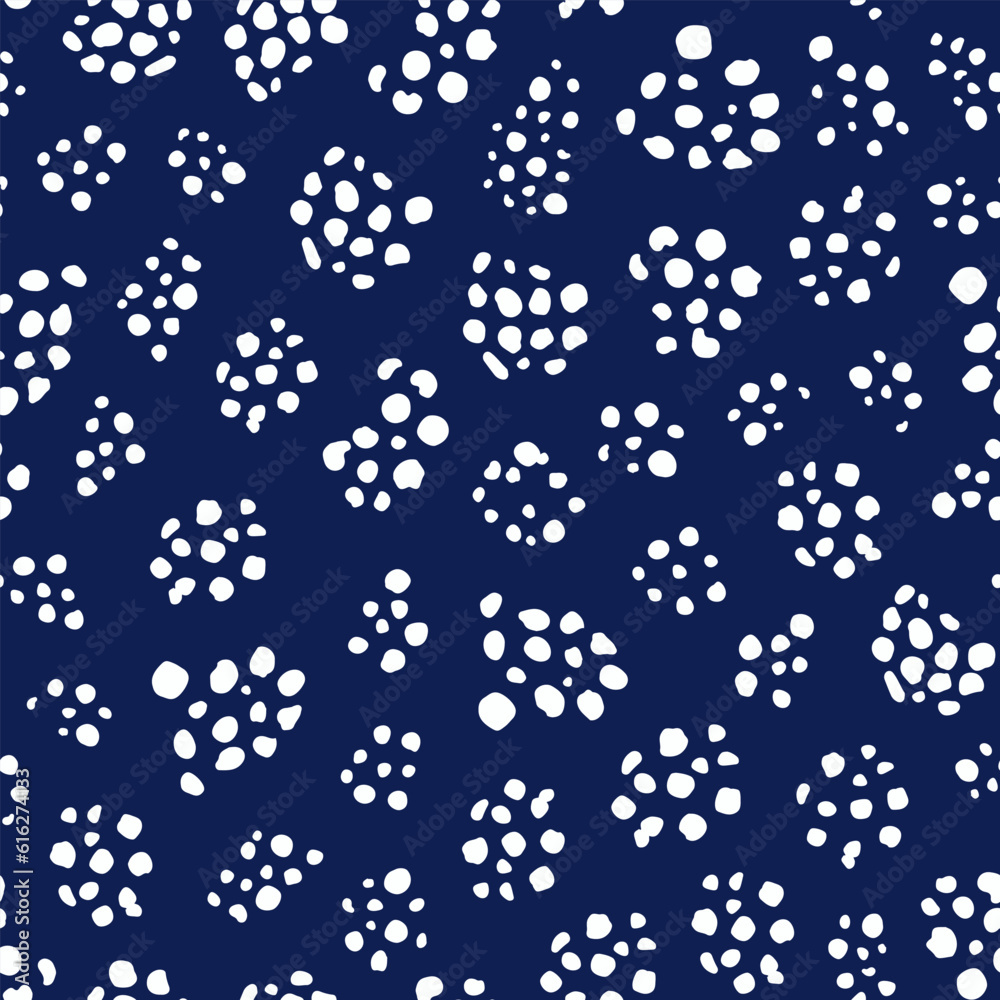 Abstract, round shaped geometrical elements seamless repeat pattern. Random placed, vector polka dot all over surface print on dark blue background.
