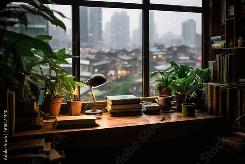 View from a plant-cluttered desk out a window into a rainy city