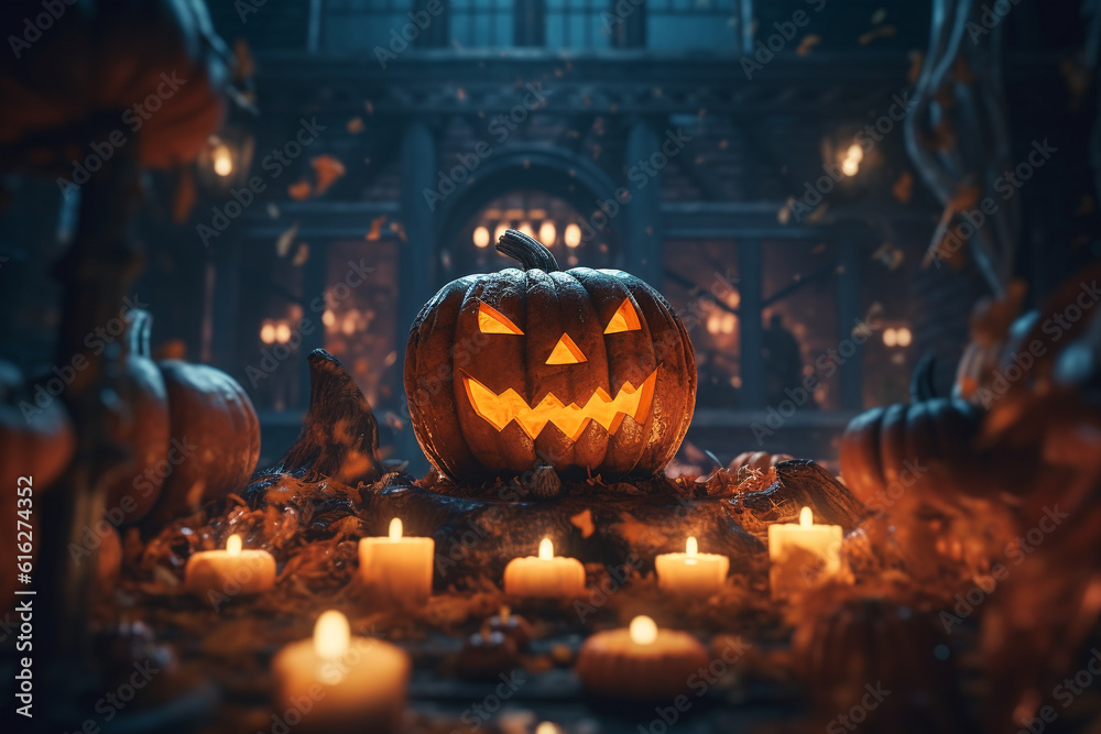 Obraz premium Halloween. The souls of the dead returned to their homes. Pumpkins, witches, skeletons, sorceresses, spirits of the dead, dark night, candies, scary, candles. Generative AI