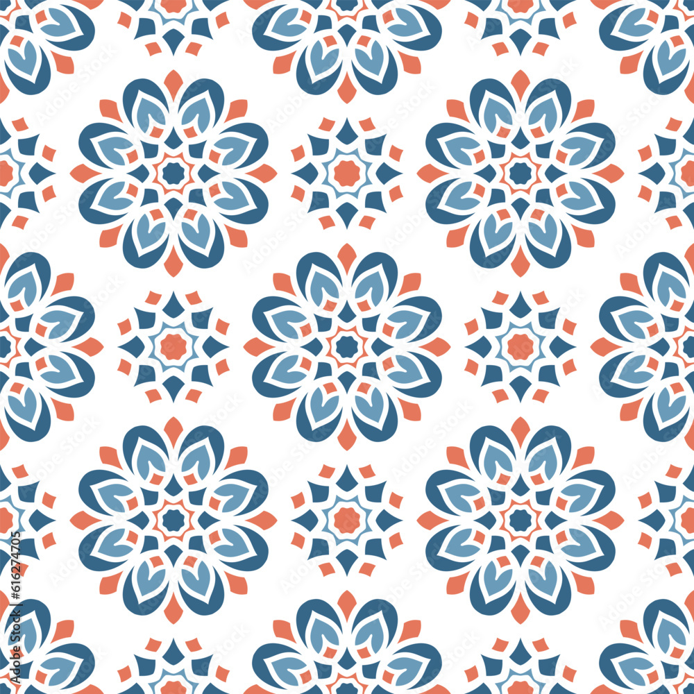 Blue and orange seamless pattern with mandala ornament. Traditional Arabic, Indian motifs. Great for fabric and textile, wallpaper, packaging or any desired idea. Blue and orange seamless pattern with mandala ornament. Traditional Arabic, Indian motifs. Great for fabric and textile, wallpaper, packaging or any desired idea.
