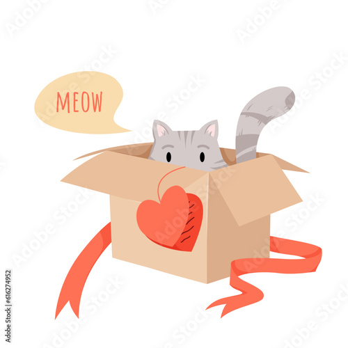 Adorable cat in cardboard present box vector illustration. Cartoon isolated funny pet hiding in gift box with red heart and ribbon, cute fluffy and amusing animal friend playing, meow in talk bubble