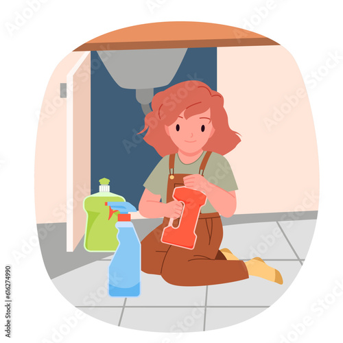 Danger of poisoning of little child with chemical detergents in kitchen or bathroom vector illustration. Cartoon curious baby kid playing with poison domestic products for cleaning in bottles