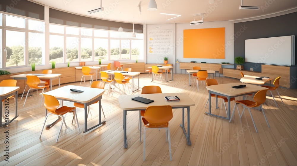 Classroom in the learning building. Bright space in the interior for the school. generative AI