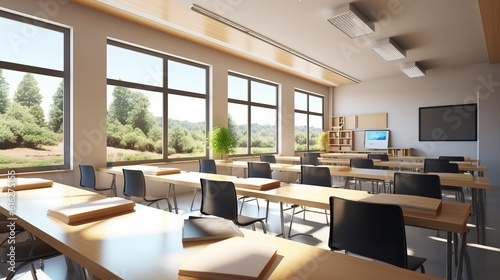 Classroom in the learning building. Bright space in the interior for the school. generative AI