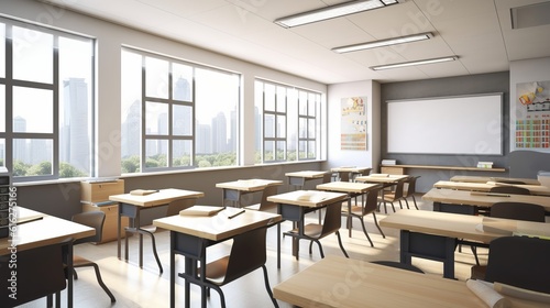 Classroom in the learning building. Bright space in the interior for the school. generative AI