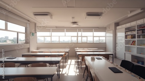 Classroom in the learning building. Bright space in the interior for the school. generative AI © Marynkka_muis