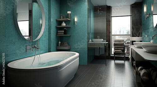 interior of bathroom with shower  modern bathroom in turquoise gray metallic  generative ai