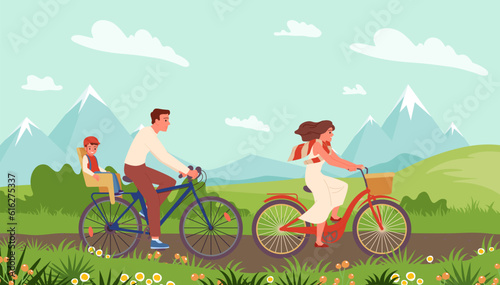 Cartoon young mother, father and son in helmet travel on bicycles, healthy leisure and vacation of cyclists. Happy family people ride bikes on path of spring mountain landscape
