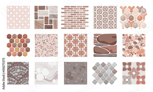 Cartoon isolated blocks and stones of paved street and sidewalk, natural bricks of stonewall or footpath in yard, top view pattern collection. Pavement textures and floor tiles set