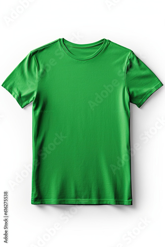 A green t-shirt on a white background. Generative AI. Tshirt mockup, copy space. © tilialucida