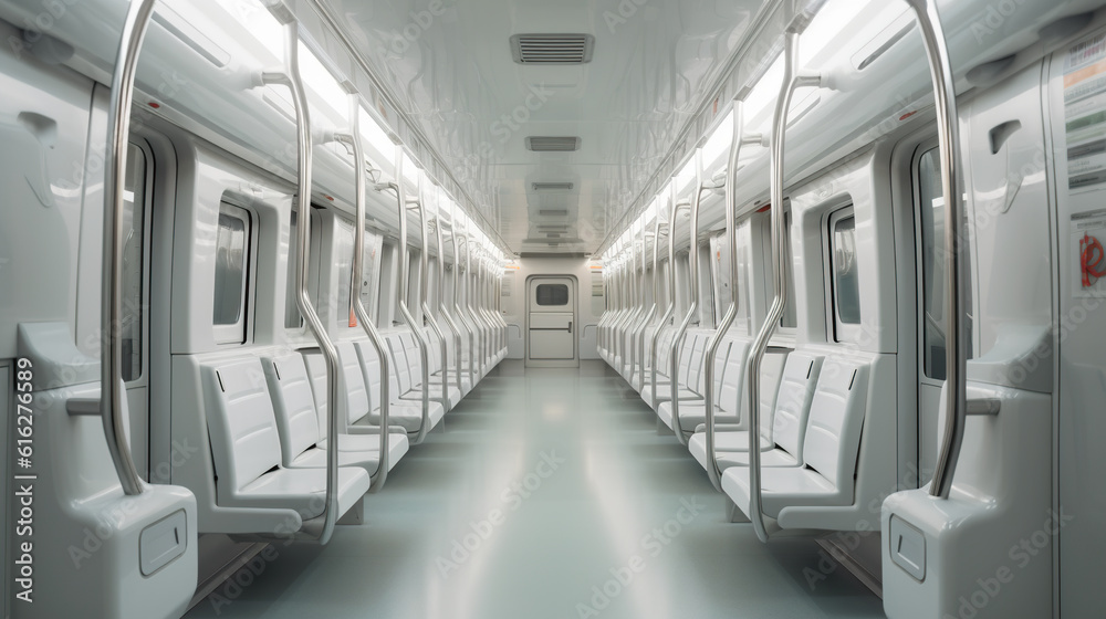 Fototapeta premium A subway car with rows of empty seats. Generative AI.