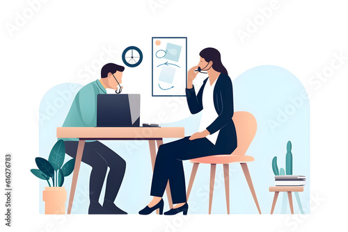  Flat vector illustration beautiful woman in jeans outfit coughing while sitting on exam couch during medical checkup in private practice focused family doctor listening to lungs of lady with stethosc © VIX