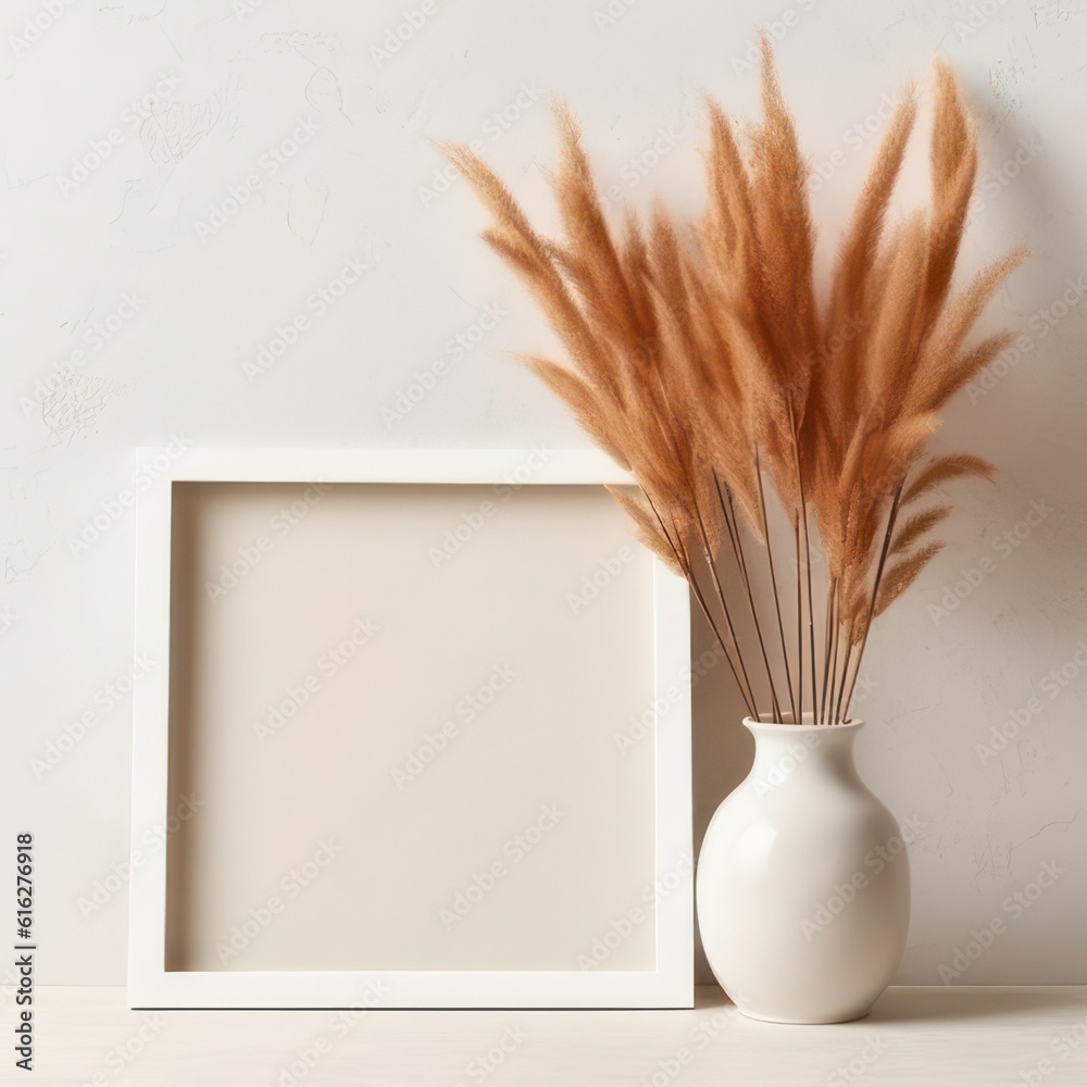 Dry lagurus grass, plant bouquet in ceramic vase. Blank vertical picture frame mockup. White wall background. Empty copy space. Scandinavian interior. Autumn still life created with Generative AI