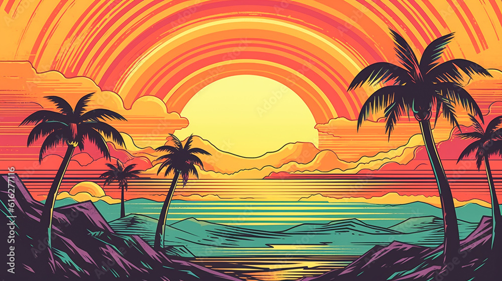 Vibrant retro illustration of sunset over the sea. 70s or 80s vibe, waves and warm summer colors at the beach