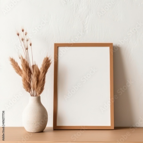 Blank wooden vertical picture frame mock-up on floor. Cinnamon linen plaid. White wall background. Empty copy space, no people. Minimal interior design. Home decor created with Generative AI