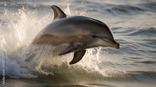 A majestic dolphin jumping from the ocean waves causing a splash