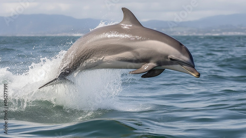 A majestic dolphin jumping from the ocean waves causing a splash © Caseyjadew