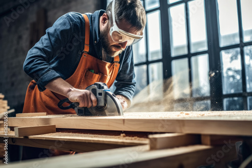 Man carpenter working in his workshop, cutting board with electric circular hand saw. Generative AI