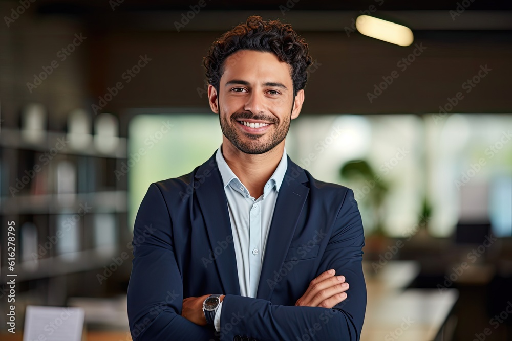 Fototapeta premium Smiling confident young businessman looking at camera standing in office. Elegant stylish corporate leader successful ceo executive manager. 