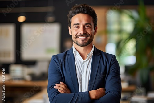 Smiling confident young businessman looking at camera standing in office. Elegant stylish corporate leader successful ceo executive manager. 
