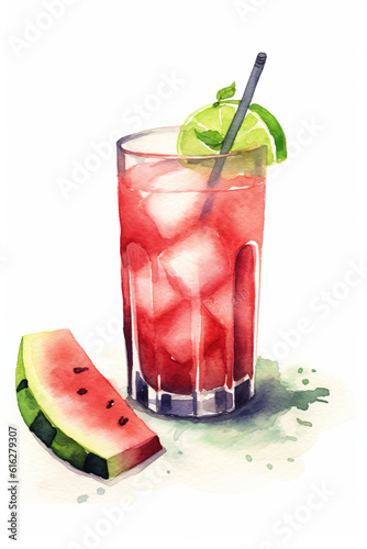 A watercolor painting of a drink with a slice of watermelon. Generative AI. photo