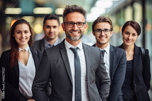 Confident business team posing with it's leader at a corporate office.