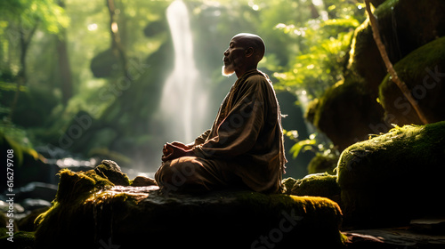Zen black man meditating, mindfulness, in the forest. Ai generated