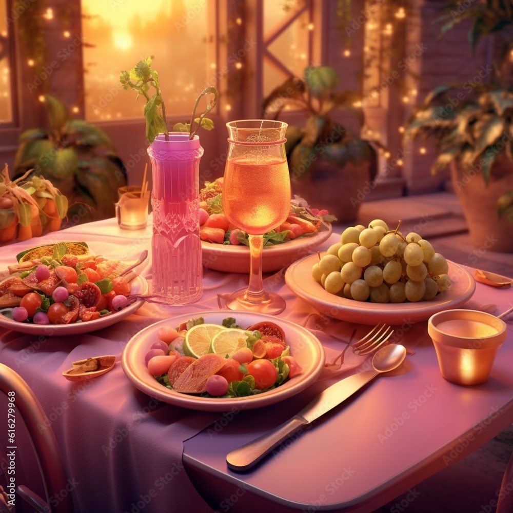 A romantic vegetarian table dinner in pastel pink and orange colors with fruits in plates and a fizzy drink in a cocktail glass, Illustration. Generative AI 
