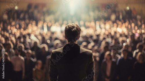 Engaged Audience in a Conference Hall: Captivating Lecture by Male Speaker on Business and Entrepreneurship. Presentation of a teacher Generative AI