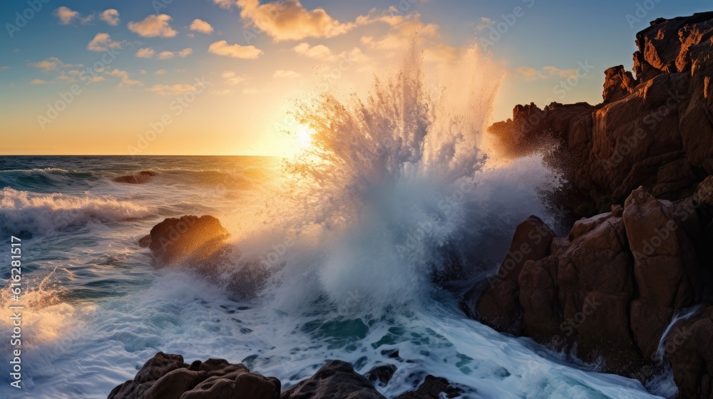 Coastal Elegance: Dynamic Ocean Waves Meeting Jagged Shoreline under a Fiery Sky, AI Generative