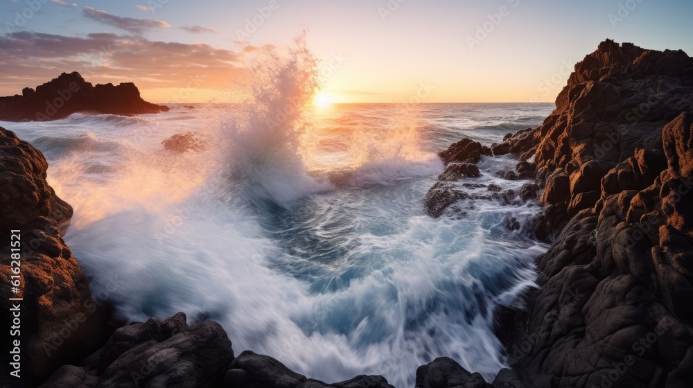 Tranquil Power: Serene Sunrise Scene with Waves Meeting Rocky Coastline, AI Generative