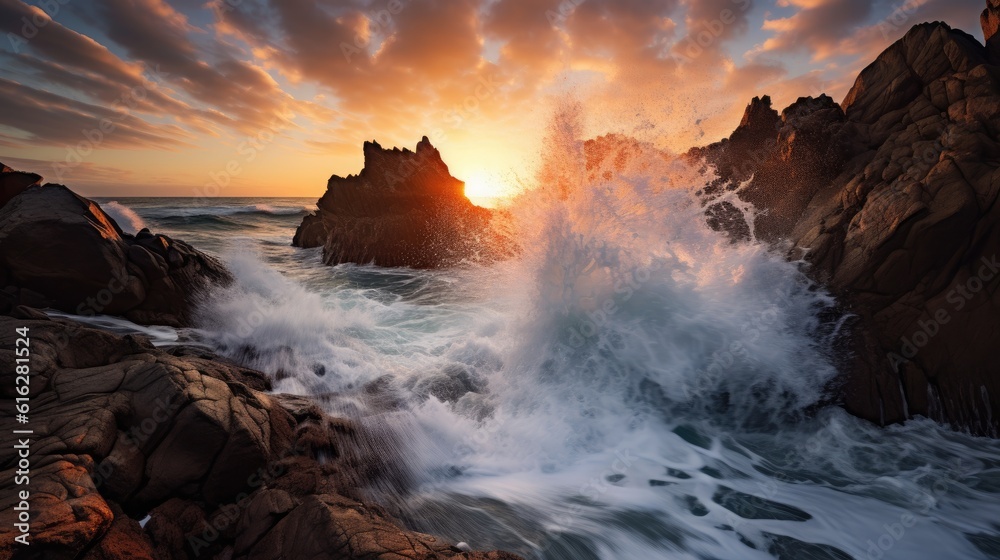 Oceanic Drama: Striking Waves Crashing against Dramatic Rocky Shore at Sunrise, AI Generative